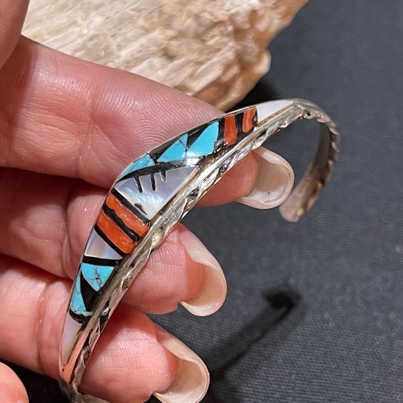 SOLD Zuni Inlay Earrings Cuff Set - Picture 6 of 9